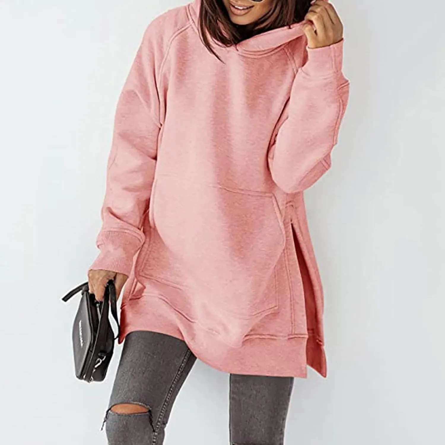 Women's Hoodies Casual Pullover Oversized Sweatshirt Long Sleeve Split Hem Hoodie with Kangaroo Pocket