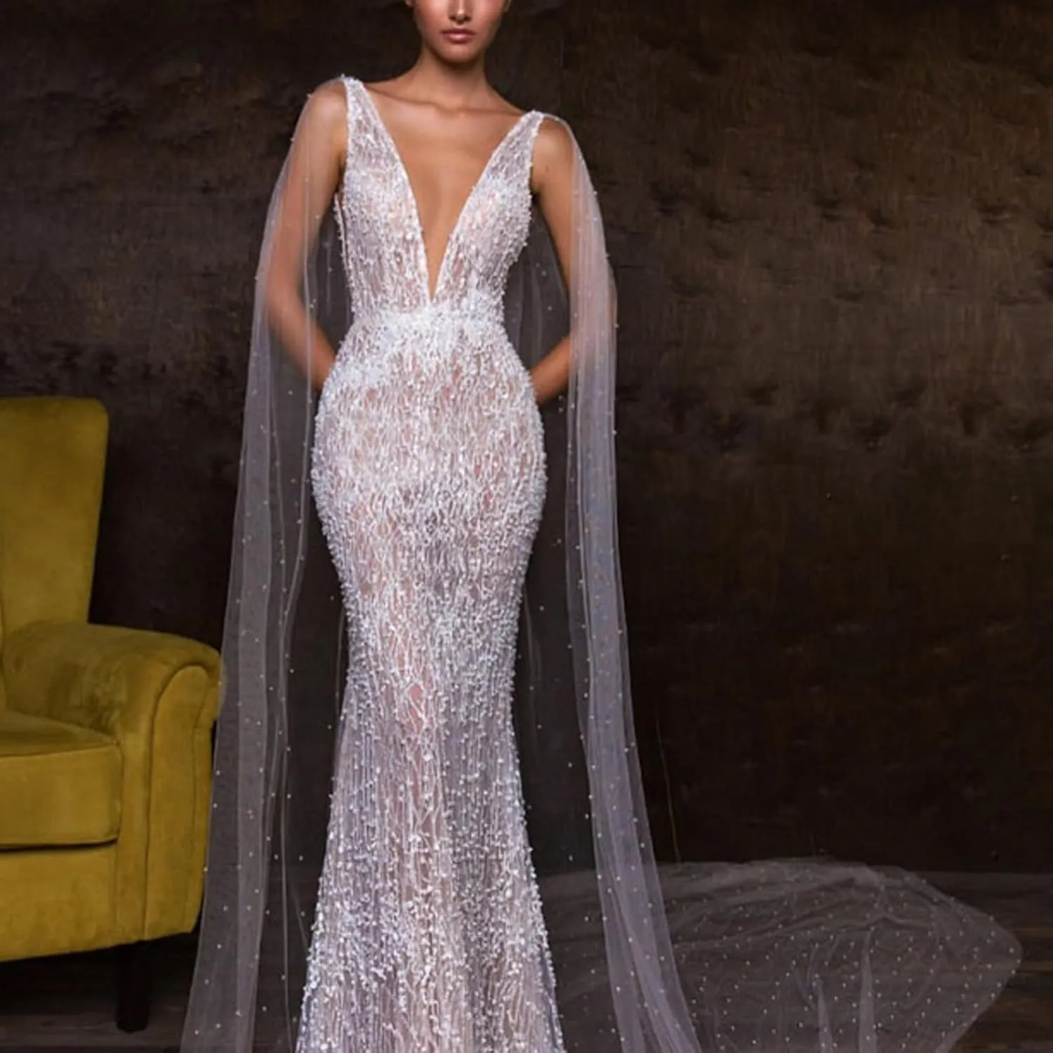 Women's Ivory Cloak Wedding Bridal Jackets Pearl White Cape Custom Lace Tulle Elegant