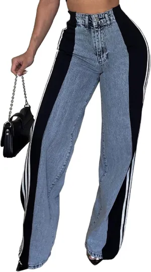 Womens Jeans High Waisted Wide Leg Striped Patchwork Color Block Stretchy Loose Straight Denim Pants