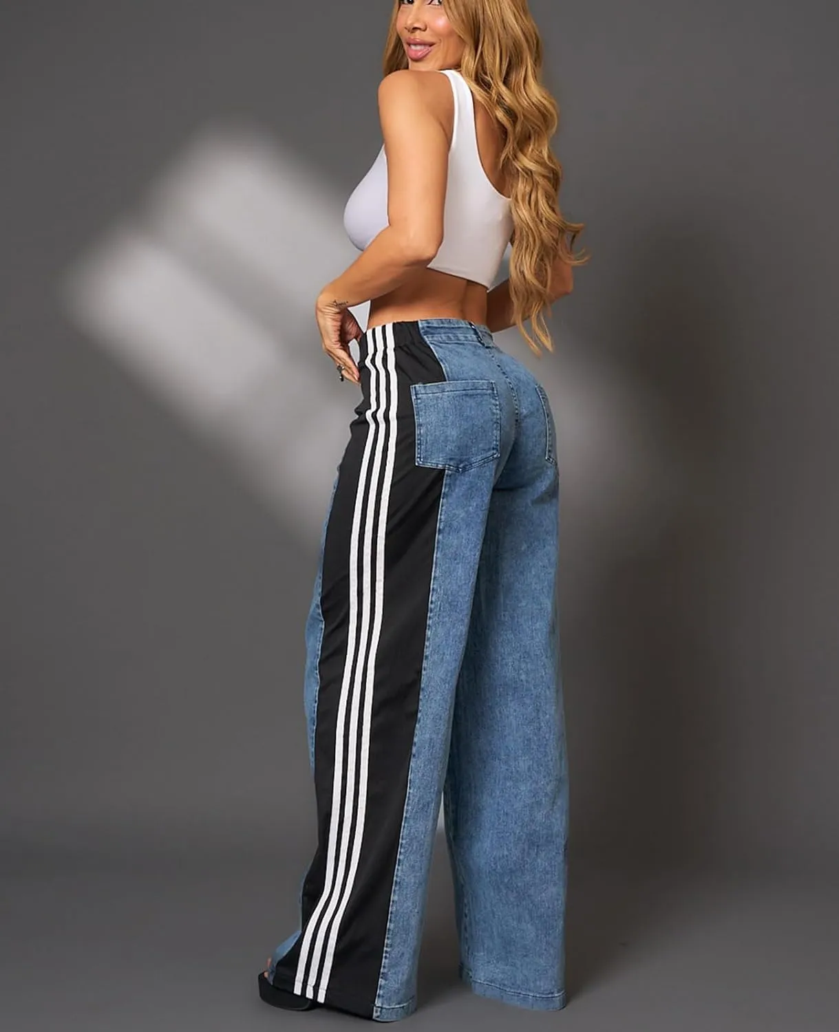 Womens Jeans High Waisted Wide Leg Striped Patchwork Color Block Stretchy Loose Straight Denim Pants