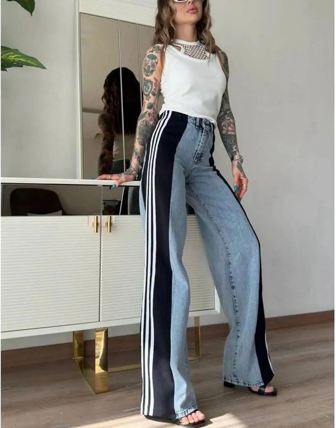Womens Jeans High Waisted Wide Leg Striped Patchwork Color Block Stretchy Loose Straight Denim Pants