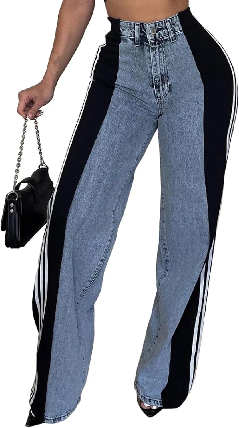 Womens Jeans High Waisted Wide Leg Striped Patchwork Color Block Stretchy Loose Straight Denim Pants