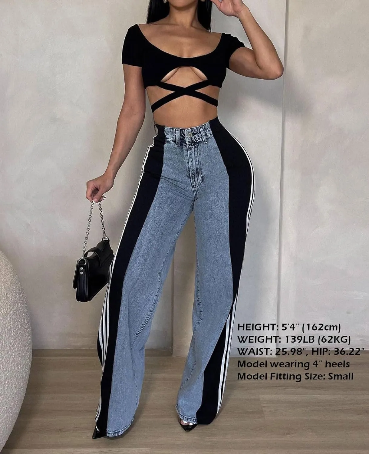 Womens Jeans High Waisted Wide Leg Striped Patchwork Color Block Stretchy Loose Straight Denim Pants