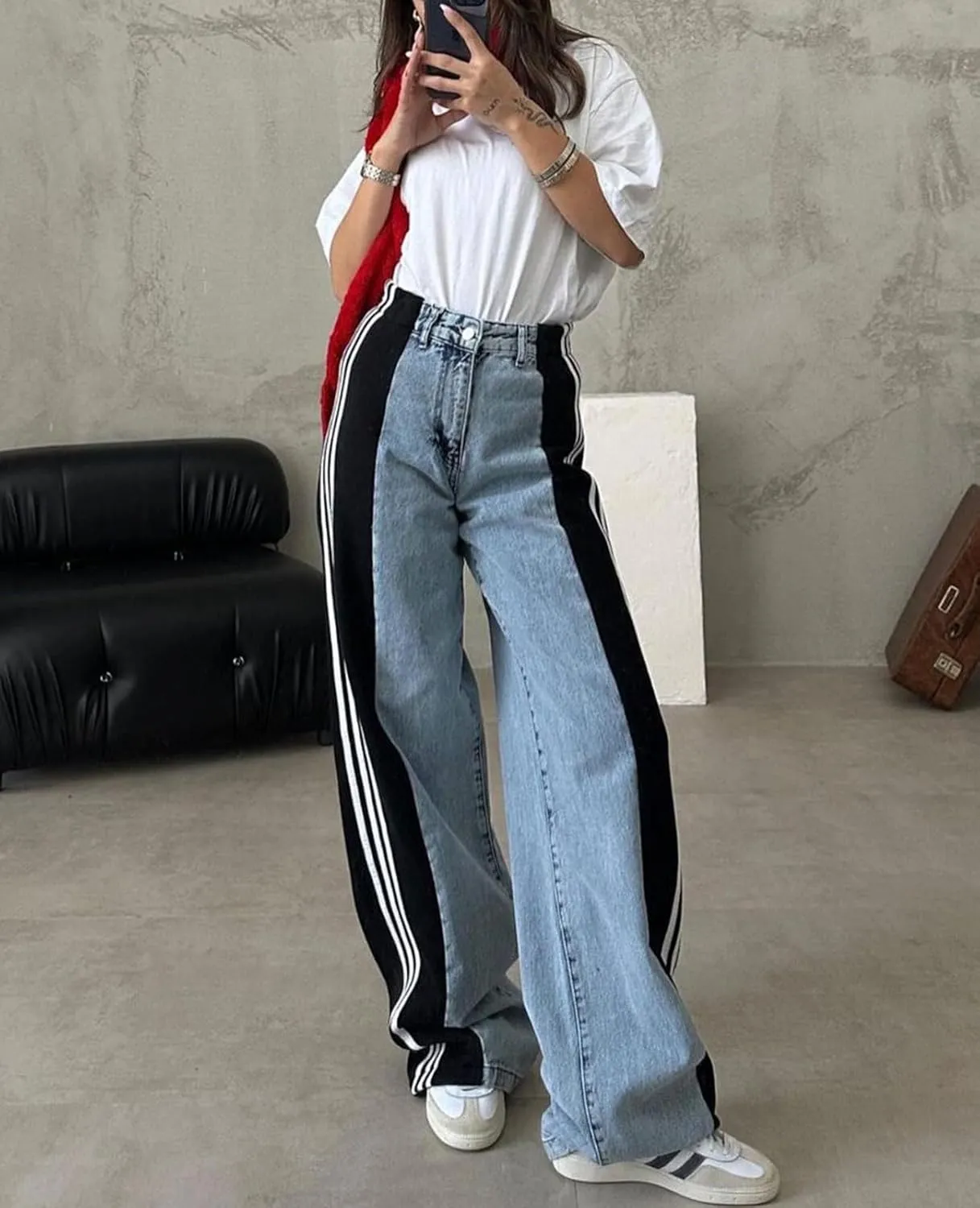 Womens Jeans High Waisted Wide Leg Striped Patchwork Color Block Stretchy Loose Straight Denim Pants