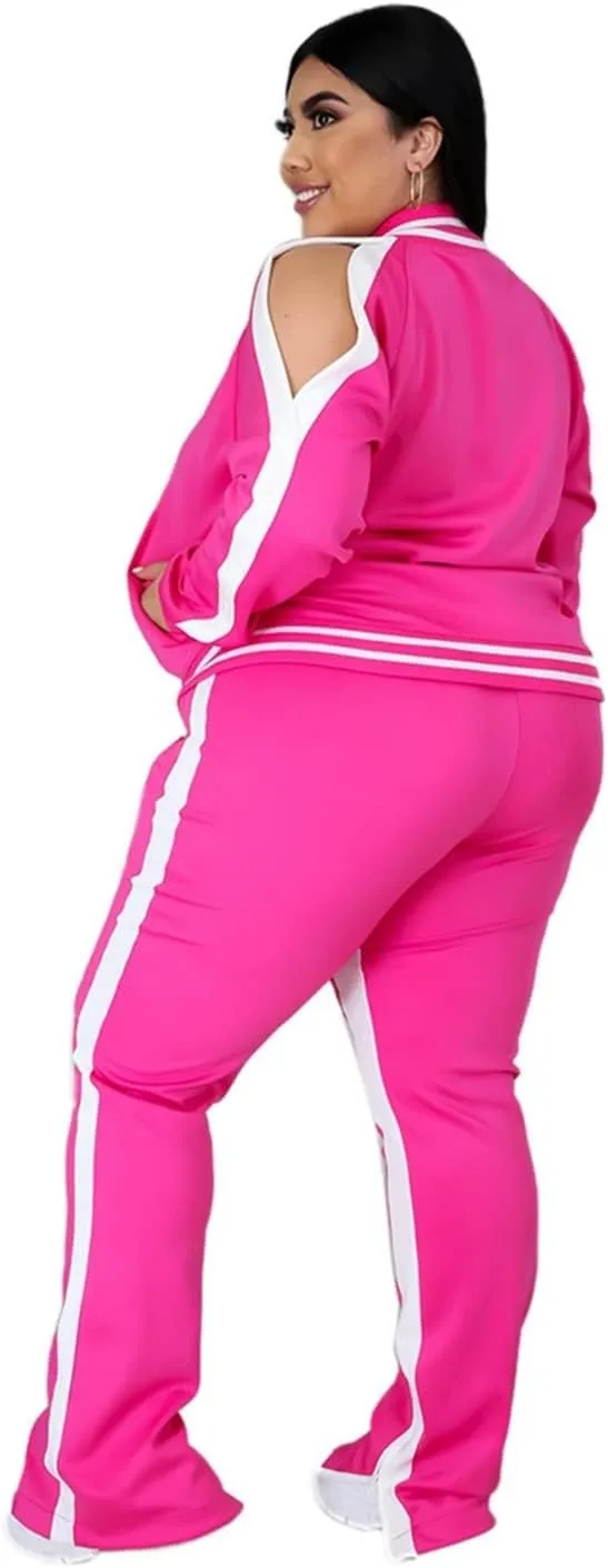 Womens Jogging Suits Plus Size Tracksuit Stripe Jackets Sweatpants 2 Piece Sweatsuits Set