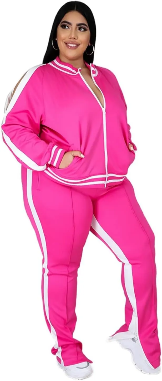Womens Jogging Suits Plus Size Tracksuit Stripe Jackets Sweatpants 2 Piece Sweatsuits Set