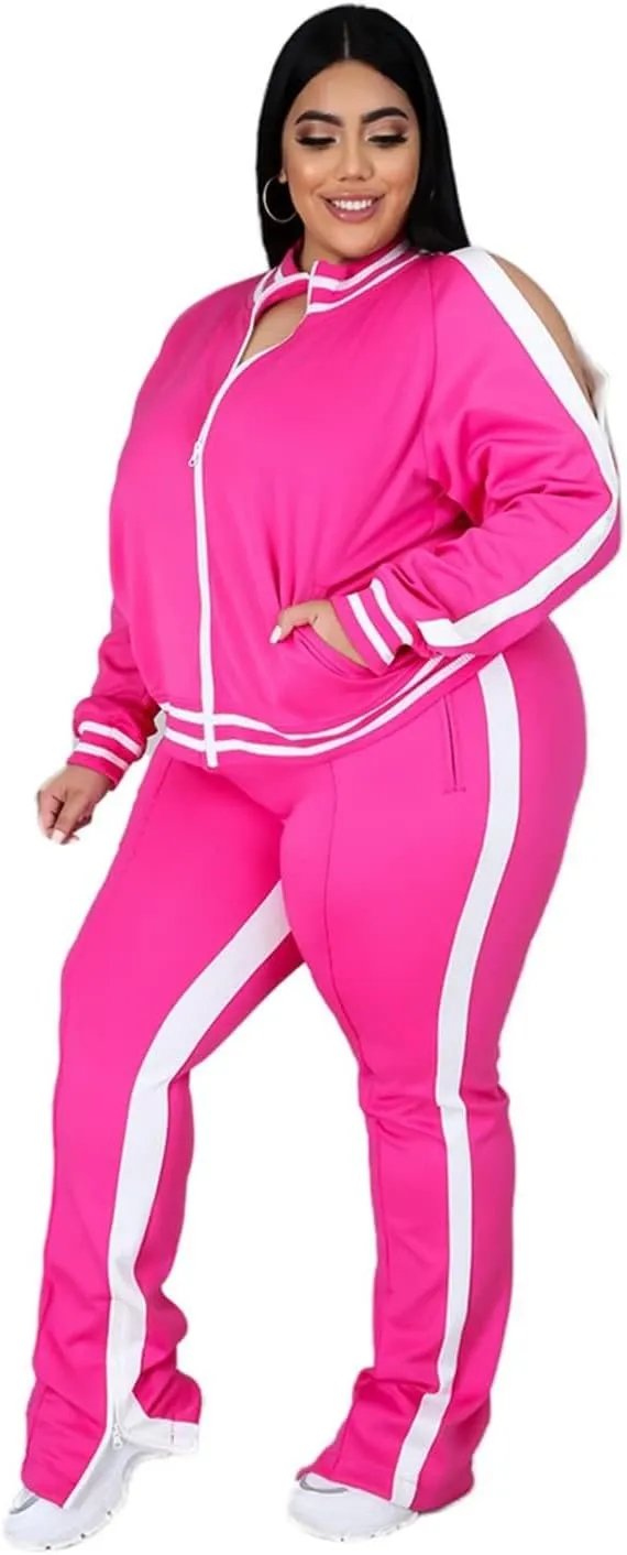 Womens Jogging Suits Plus Size Tracksuit Stripe Jackets Sweatpants 2 Piece Sweatsuits Set