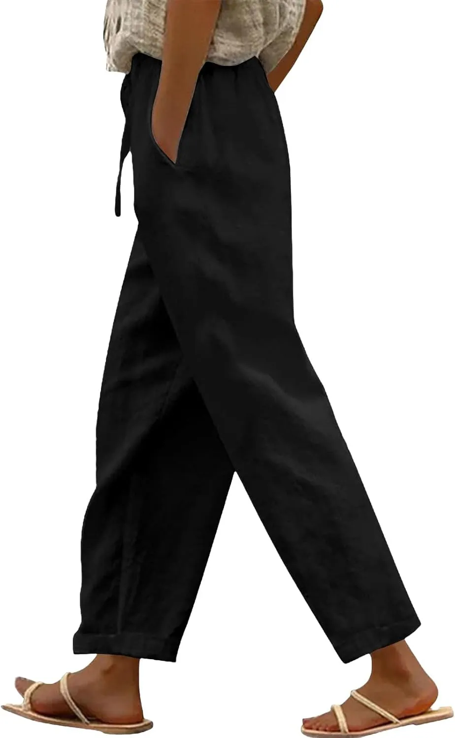 Womens Linen Pants 2025 Summer Drawstring Stright Leg Elastic Waist Pants with Pockets Dressy Casual Beach Pant