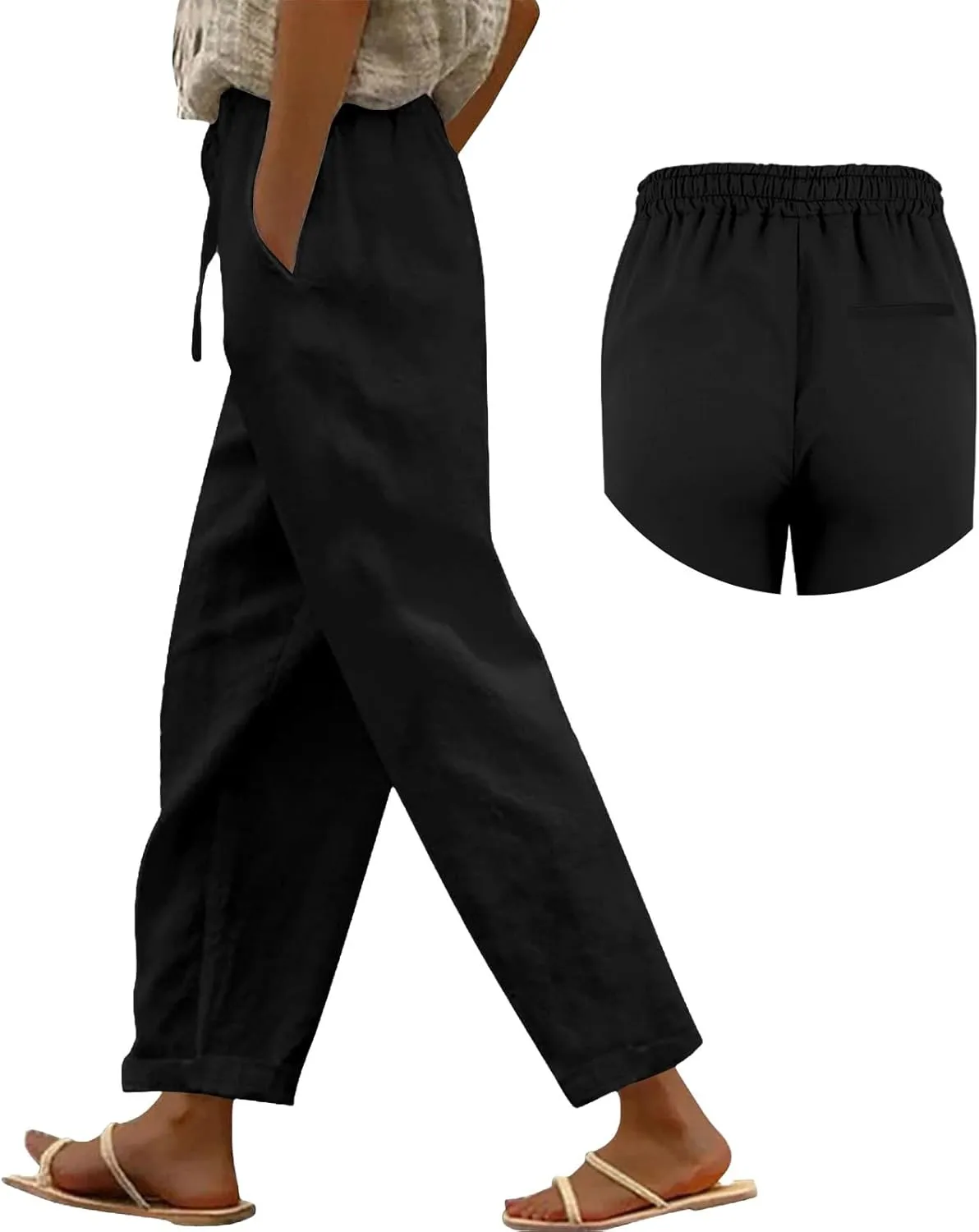 Womens Linen Pants 2025 Summer Drawstring Stright Leg Elastic Waist Pants with Pockets Dressy Casual Beach Pant