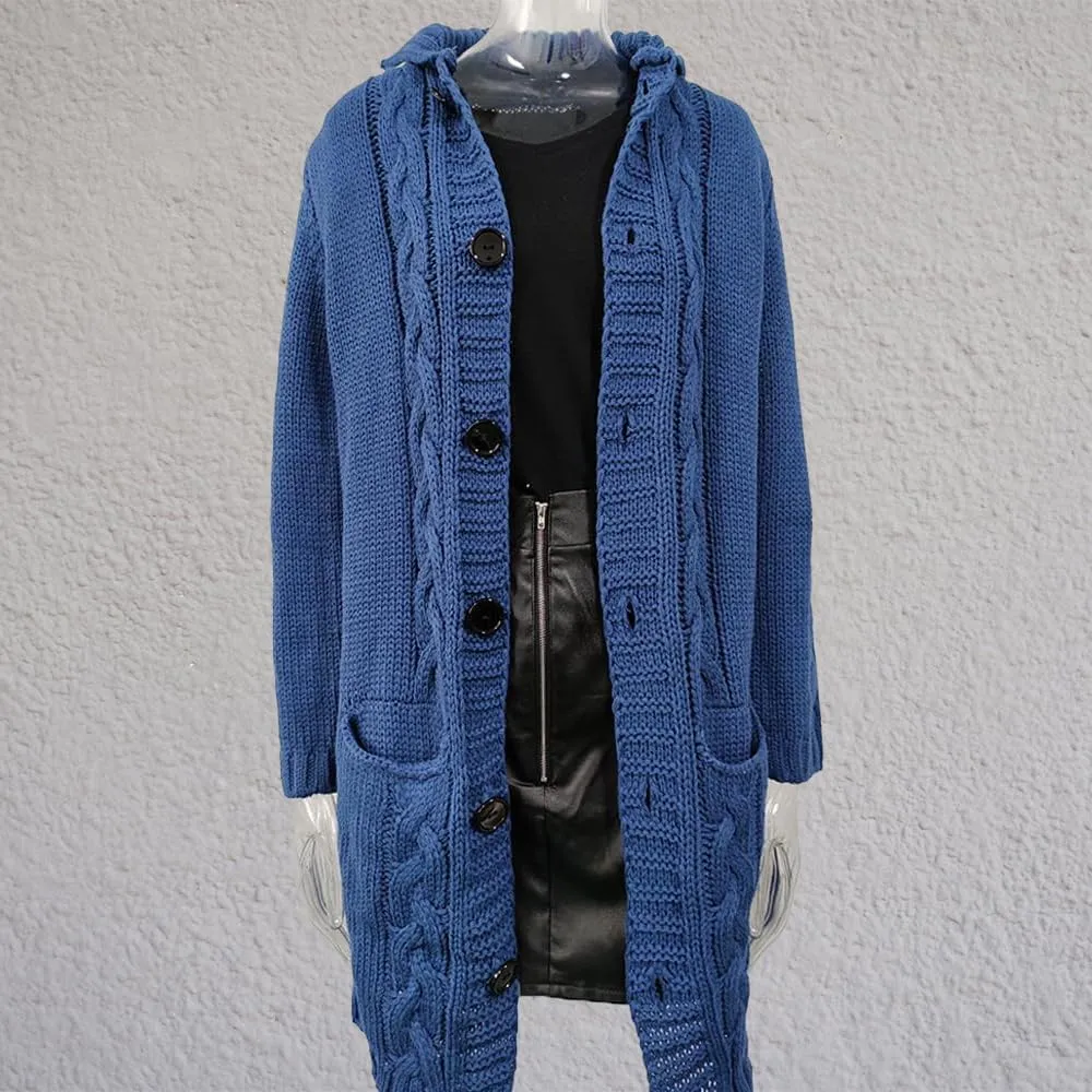 Women's Long Cardigan with Hood Chunky Cable Knit Overcoat Open Front Sweater Cardigan Outerwear with Pockets