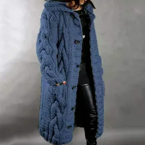 Women's Long Cardigan with Hood Chunky Cable Knit Overcoat Open Front Sweater Cardigan Outerwear with Pockets