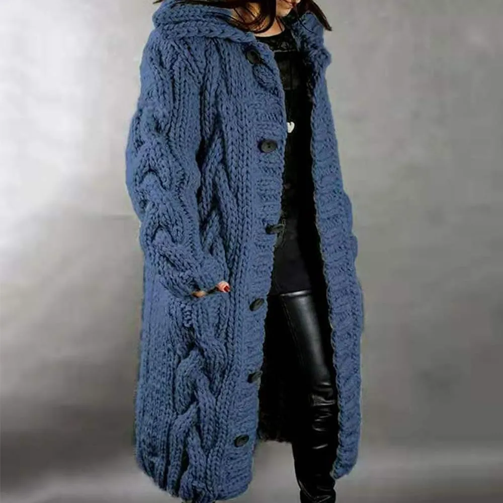 Women's Long Cardigan with Hood Chunky Cable Knit Overcoat Open Front Sweater Cardigan Outerwear with Pockets