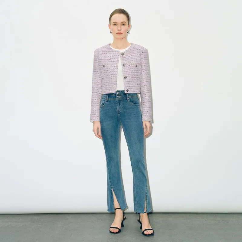 Women's Long Sleeve Cropped Tweed Jacket with Pocket Button Slim Fit Work Office Short Tweed Blazer