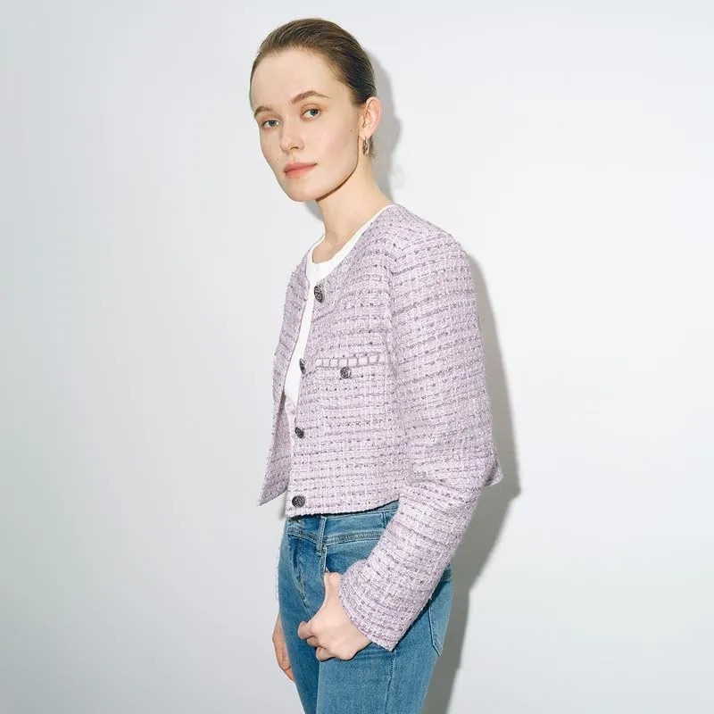 Women's Long Sleeve Cropped Tweed Jacket with Pocket Button Slim Fit Work Office Short Tweed Blazer