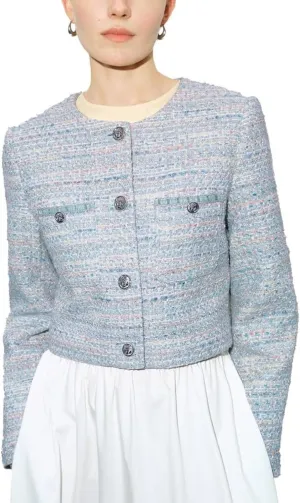 Women's Long Sleeve Cropped Tweed Jacket with Pocket Button Slim Fit Work Office Short Tweed Blazer