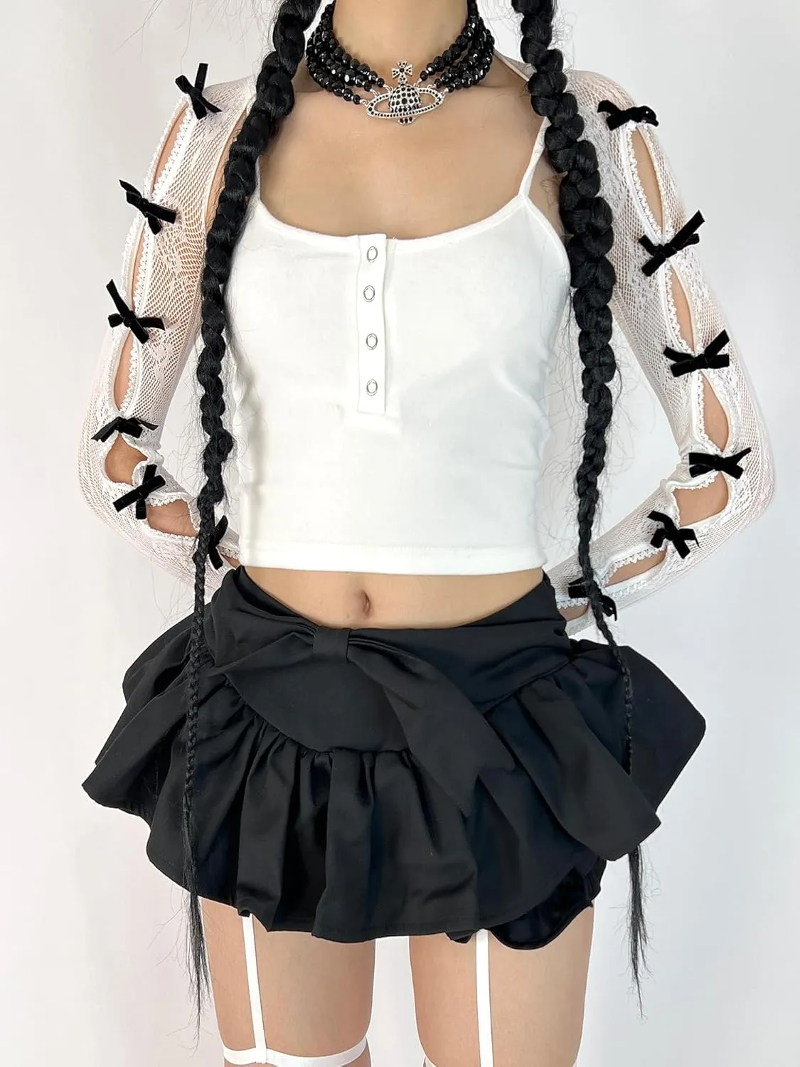 Women's Mesh Lace Shrug Crop Top Y2K Aesthetic Grunge Arm Sleeves Cardigan with Bow Going Out Shirts Summer