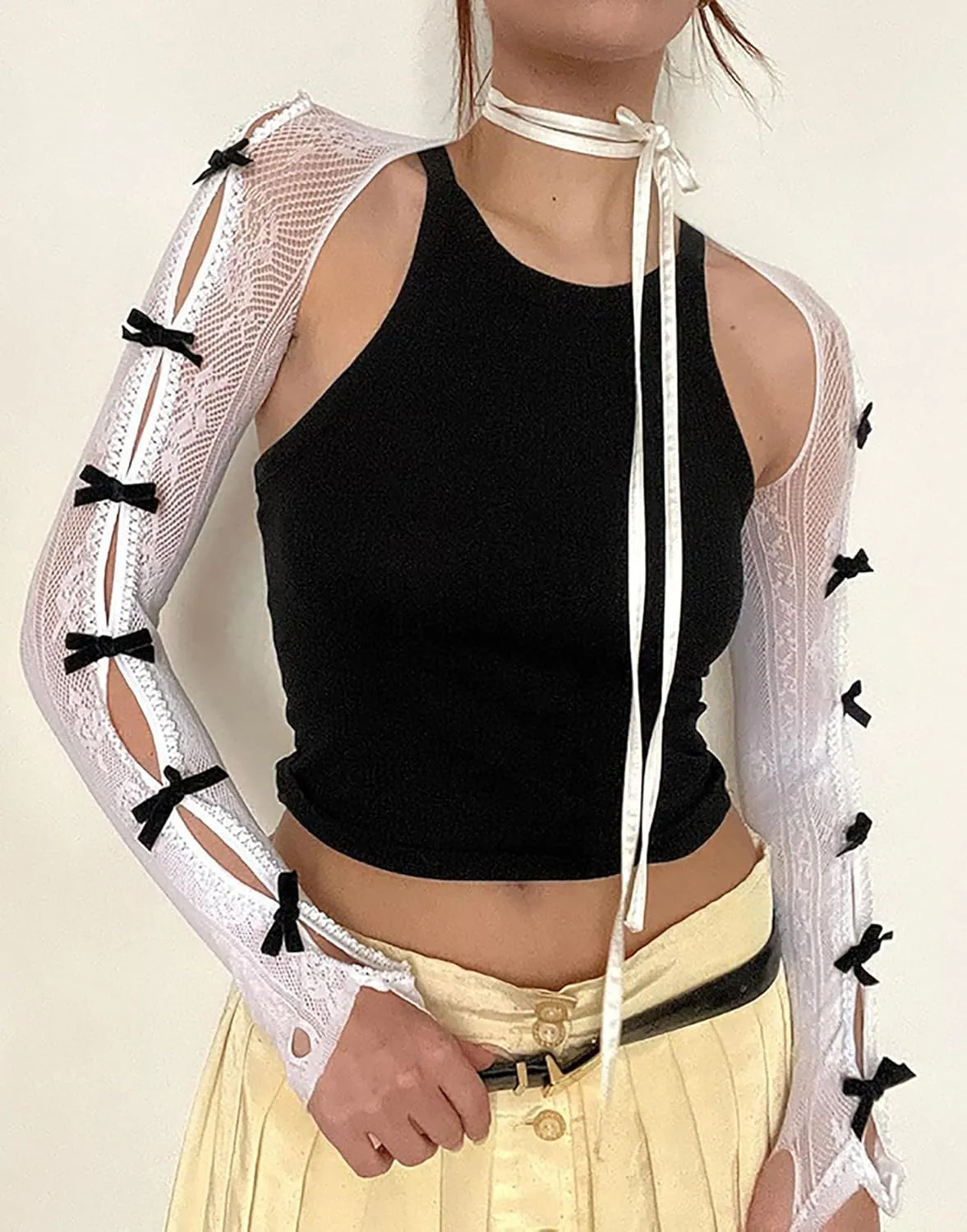 Women's Mesh Lace Shrug Crop Top Y2K Aesthetic Grunge Arm Sleeves Cardigan with Bow Going Out Shirts Summer