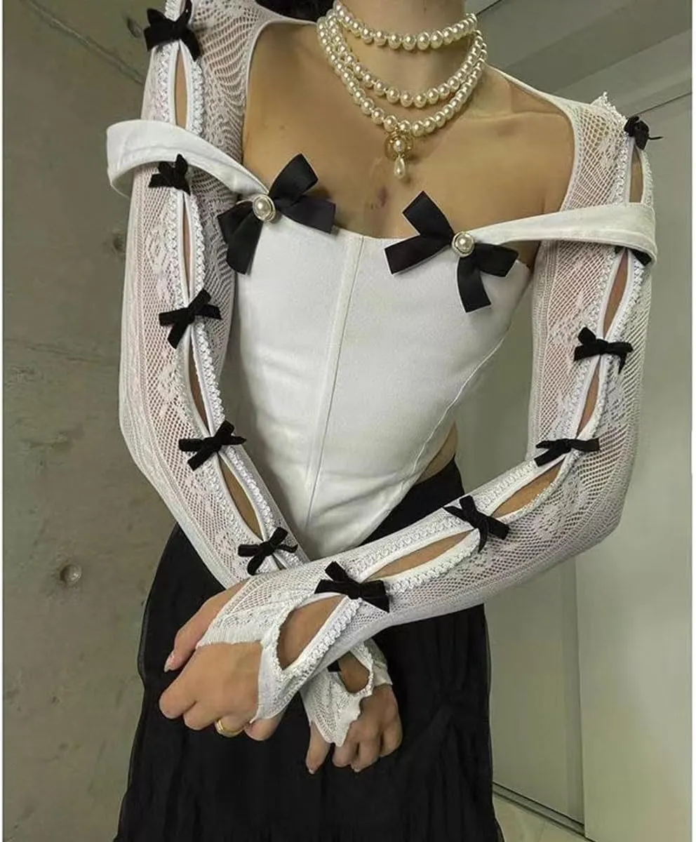 Women's Mesh Lace Shrug Crop Top Y2K Aesthetic Grunge Arm Sleeves Cardigan with Bow Going Out Shirts Summer