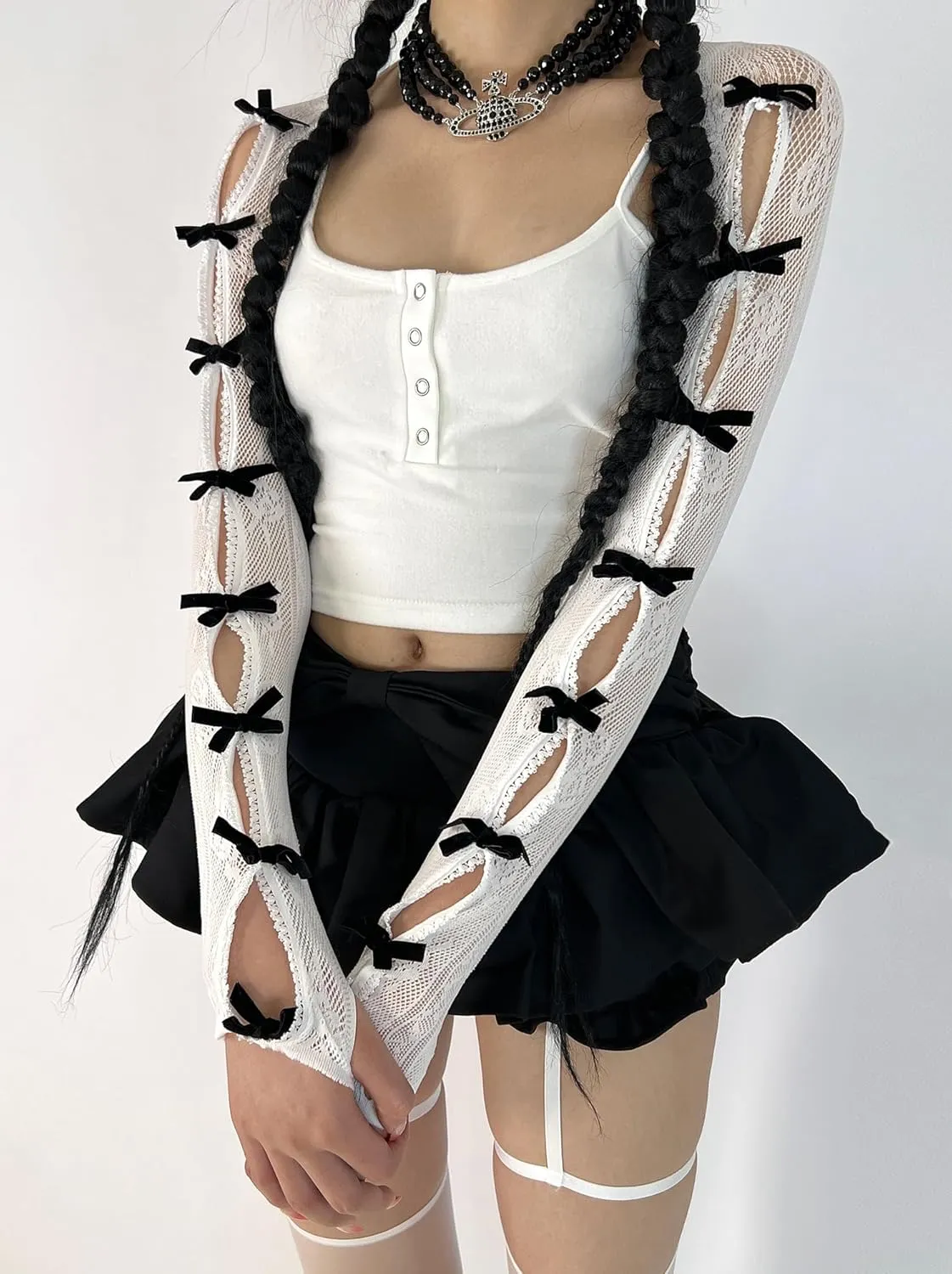 Women's Mesh Lace Shrug Crop Top Y2K Aesthetic Grunge Arm Sleeves Cardigan with Bow Going Out Shirts Summer