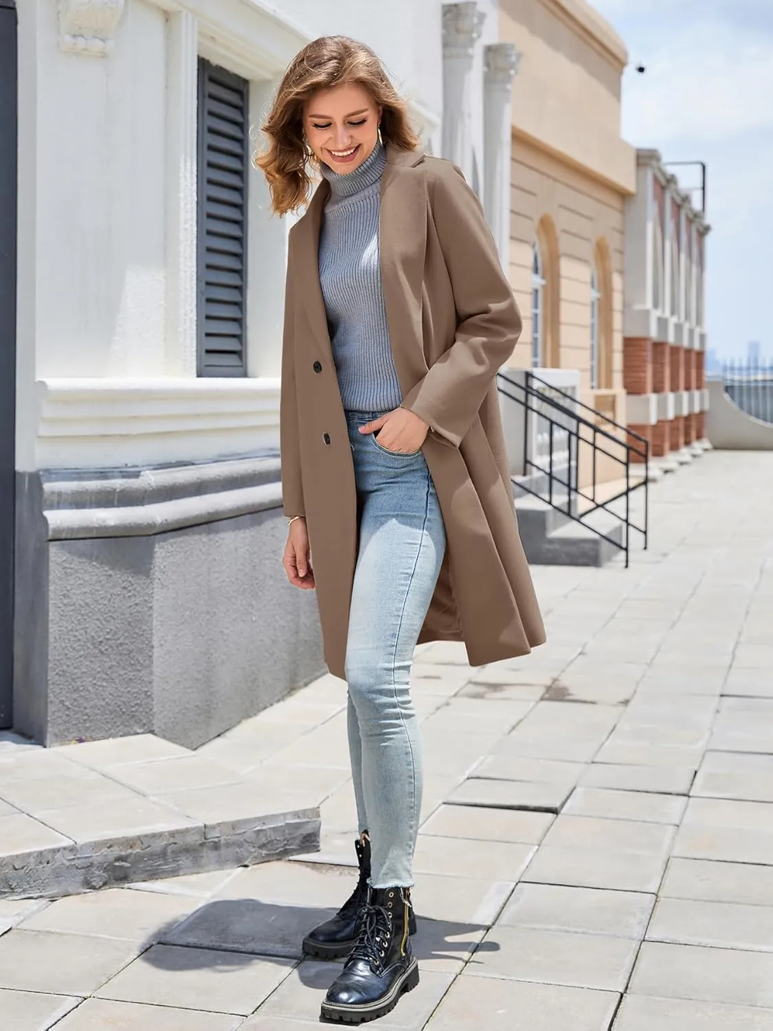 Women's Notch Lapel Double Breasted Pea Coat Mid Long Fall Winter Trench Overcoat