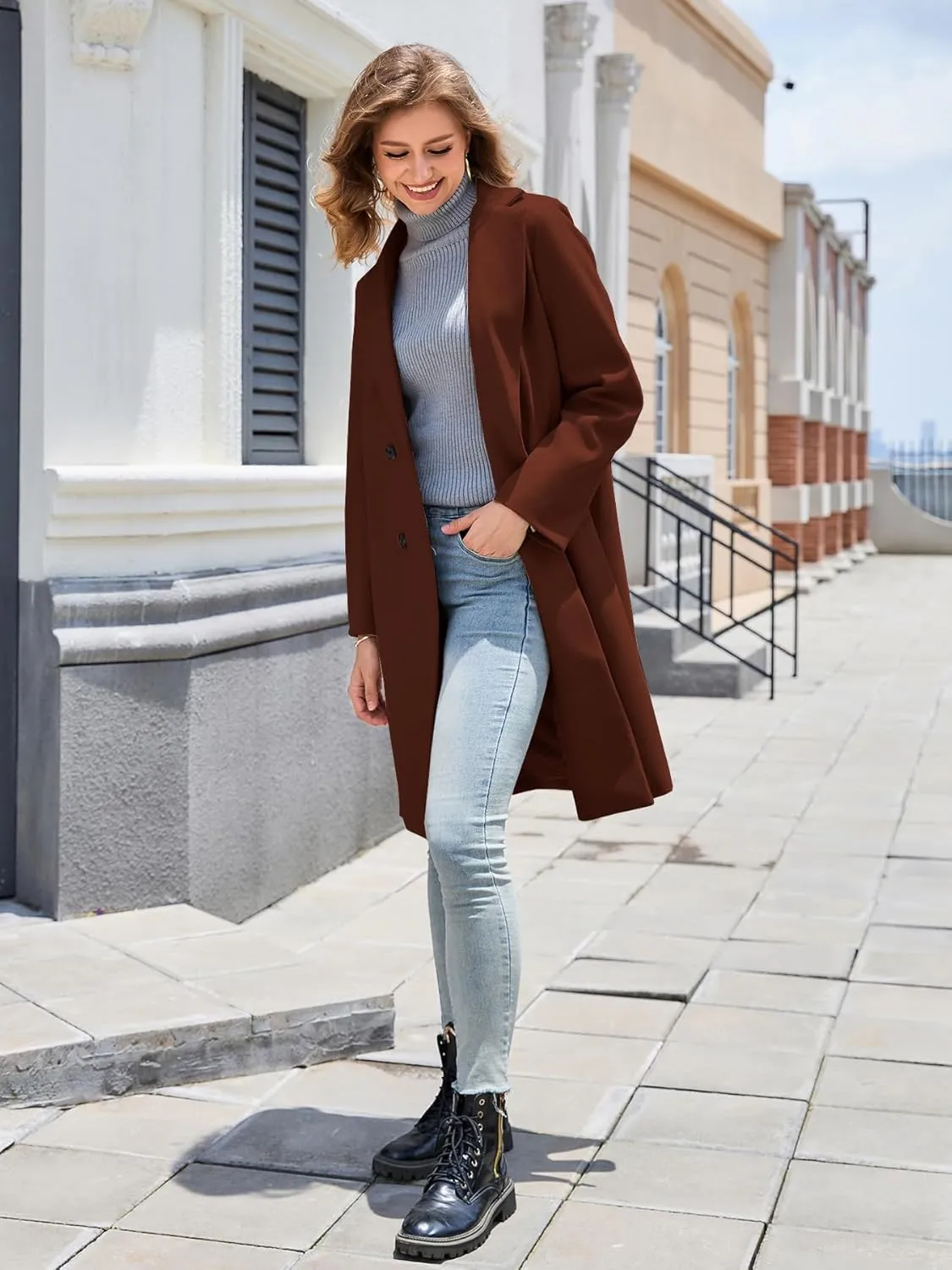 Women's Notch Lapel Double Breasted Pea Coat Mid Long Fall Winter Trench Overcoat