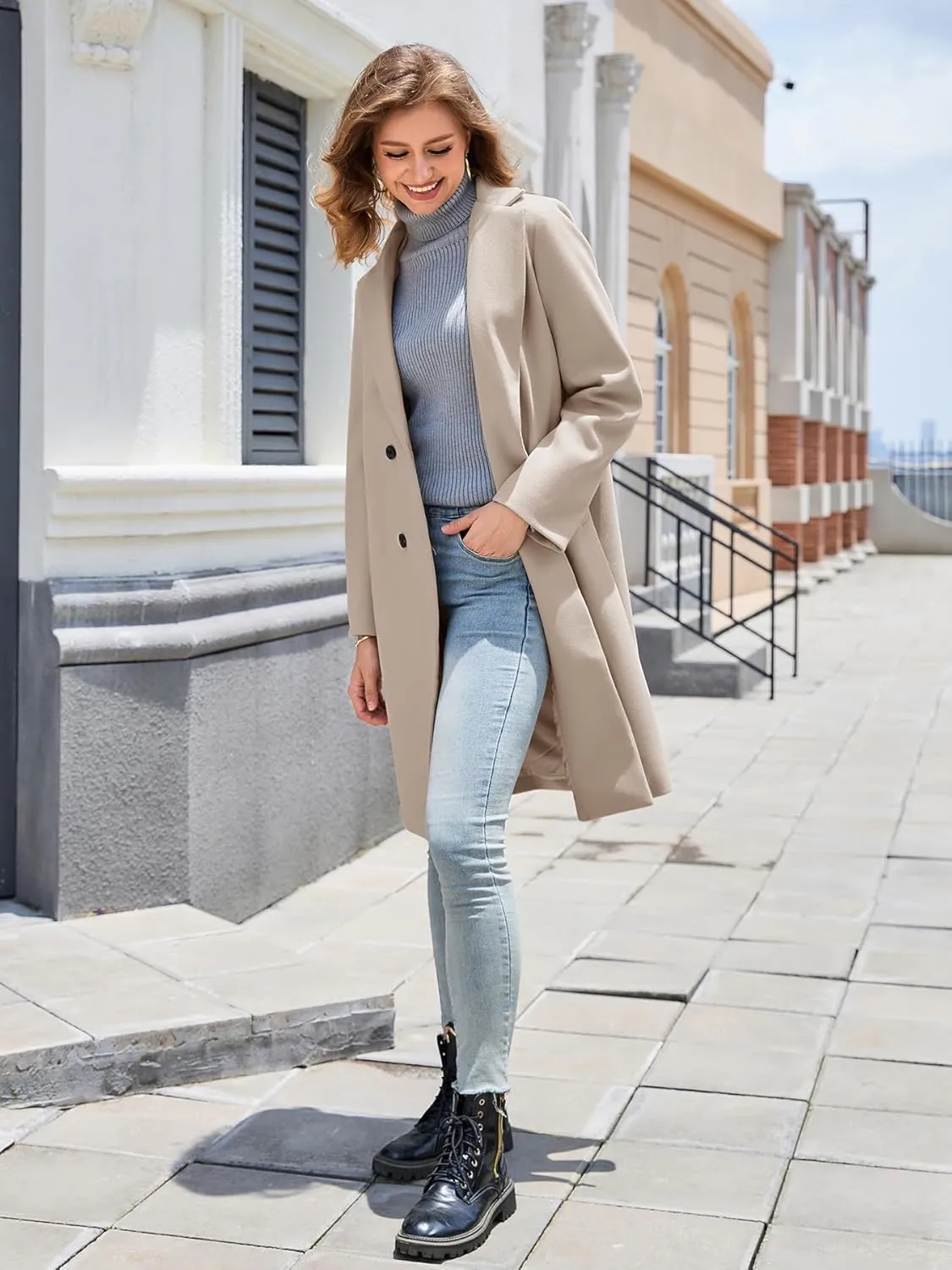 Women's Notch Lapel Double Breasted Pea Coat Mid Long Fall Winter Trench Overcoat