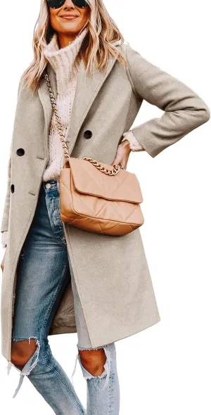 Women's Notch Lapel Double Breasted Pea Coat Mid Long Fall Winter Trench Overcoat