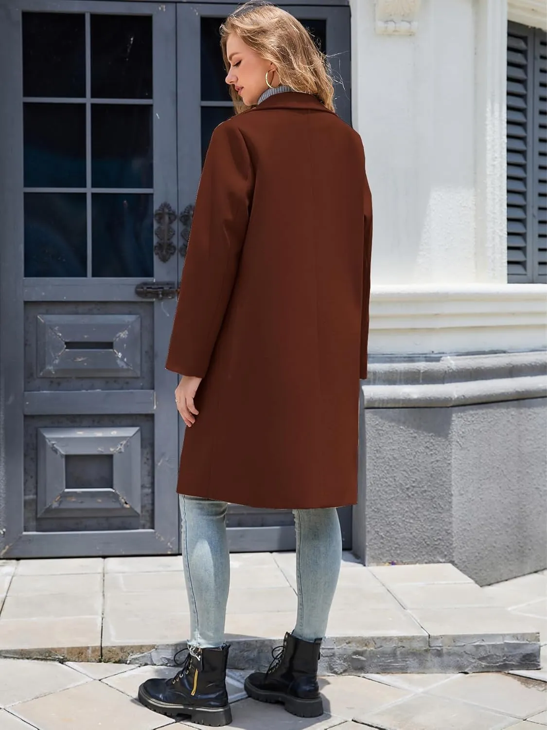 Women's Notch Lapel Double Breasted Pea Coat Mid Long Fall Winter Trench Overcoat
