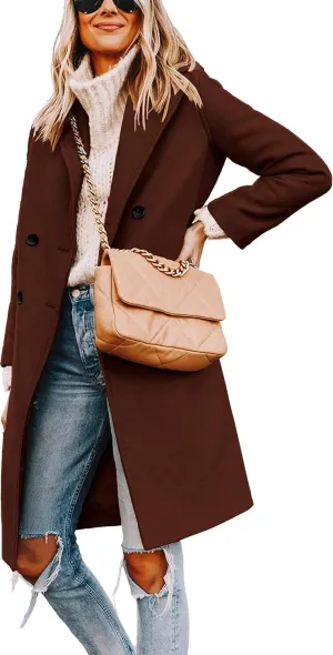 Women's Notch Lapel Double Breasted Pea Coat Mid Long Fall Winter Trench Overcoat