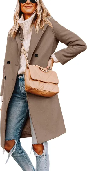 Women's Notch Lapel Double Breasted Pea Coat Mid Long Fall Winter Trench Overcoat