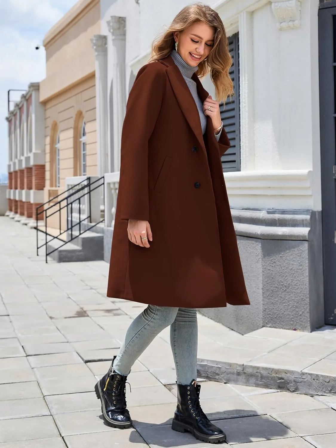 Women's Notch Lapel Double Breasted Pea Coat Mid Long Fall Winter Trench Overcoat