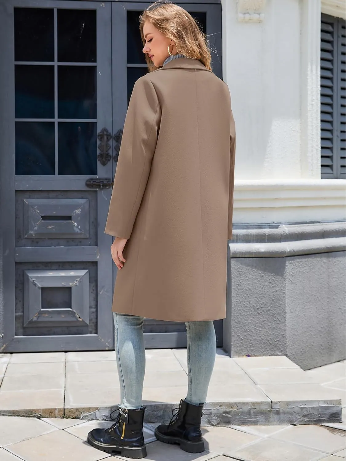 Women's Notch Lapel Double Breasted Pea Coat Mid Long Fall Winter Trench Overcoat