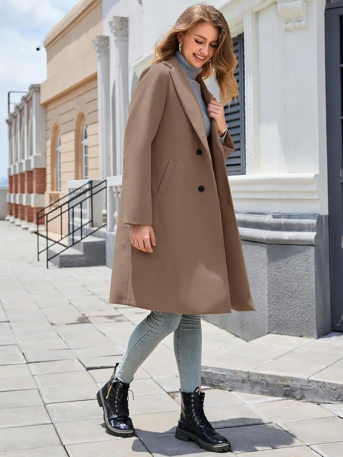 Women's Notch Lapel Double Breasted Pea Coat Mid Long Fall Winter Trench Overcoat
