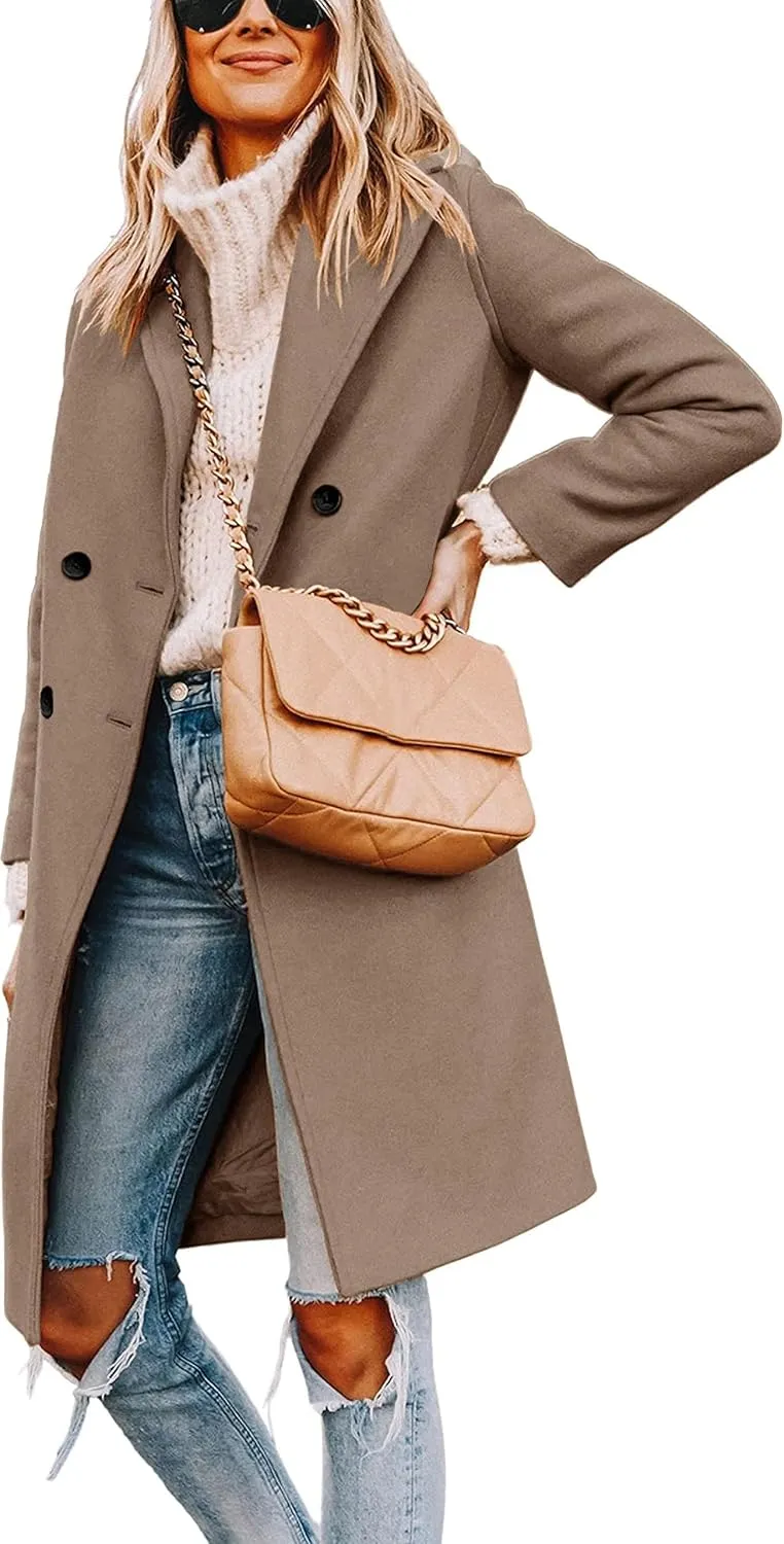 Women's Notch Lapel Double Breasted Pea Coat Mid Long Fall Winter Trench Overcoat