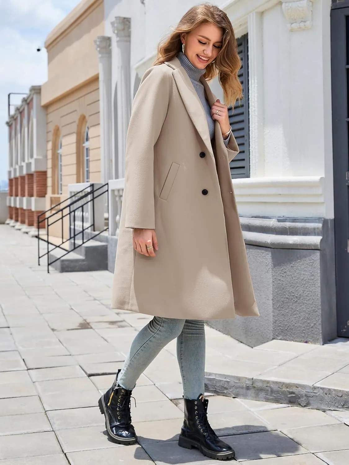 Women's Notch Lapel Double Breasted Pea Coat Mid Long Fall Winter Trench Overcoat