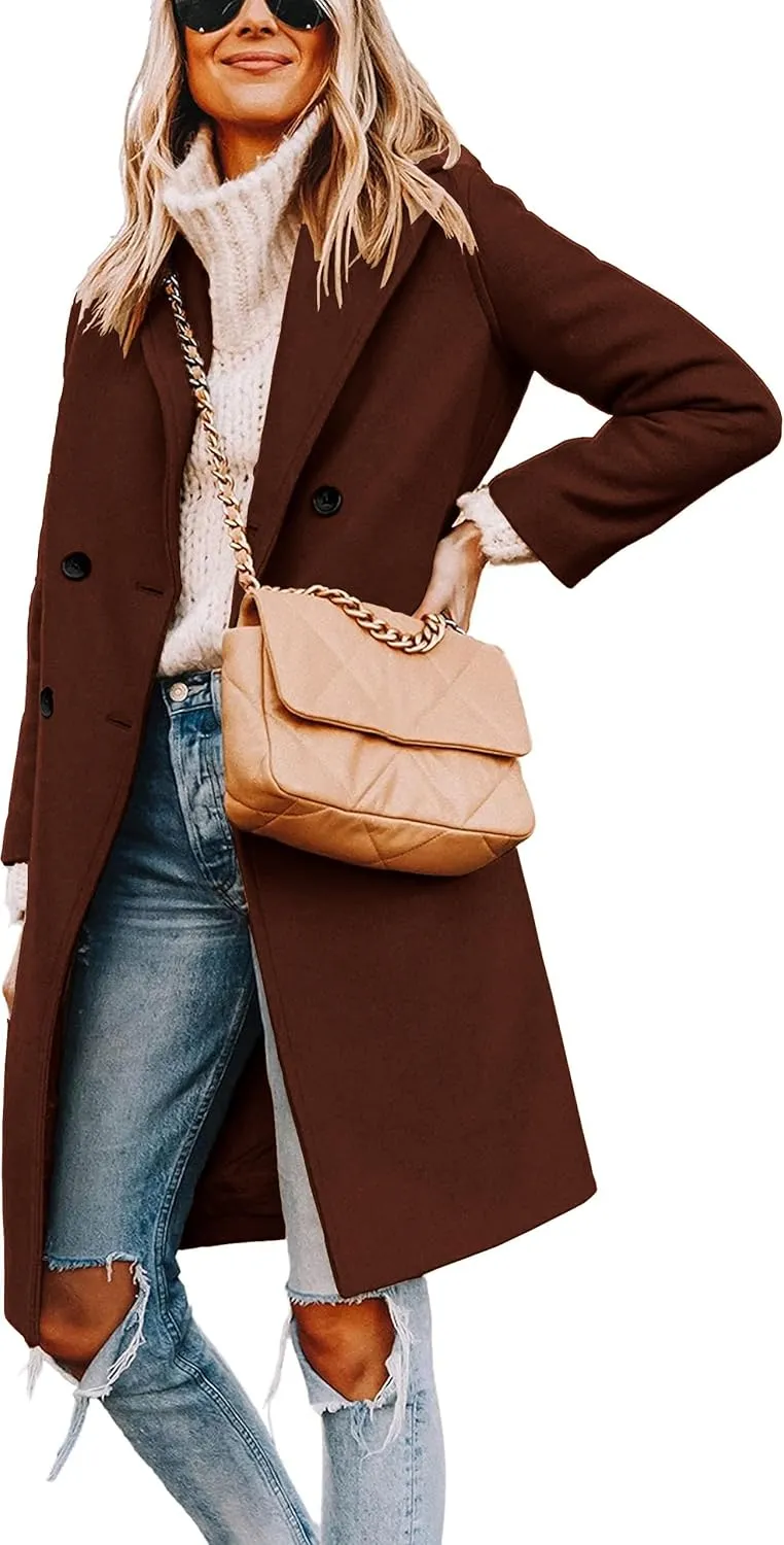 Women's Notch Lapel Double Breasted Pea Coat Mid Long Fall Winter Trench Overcoat