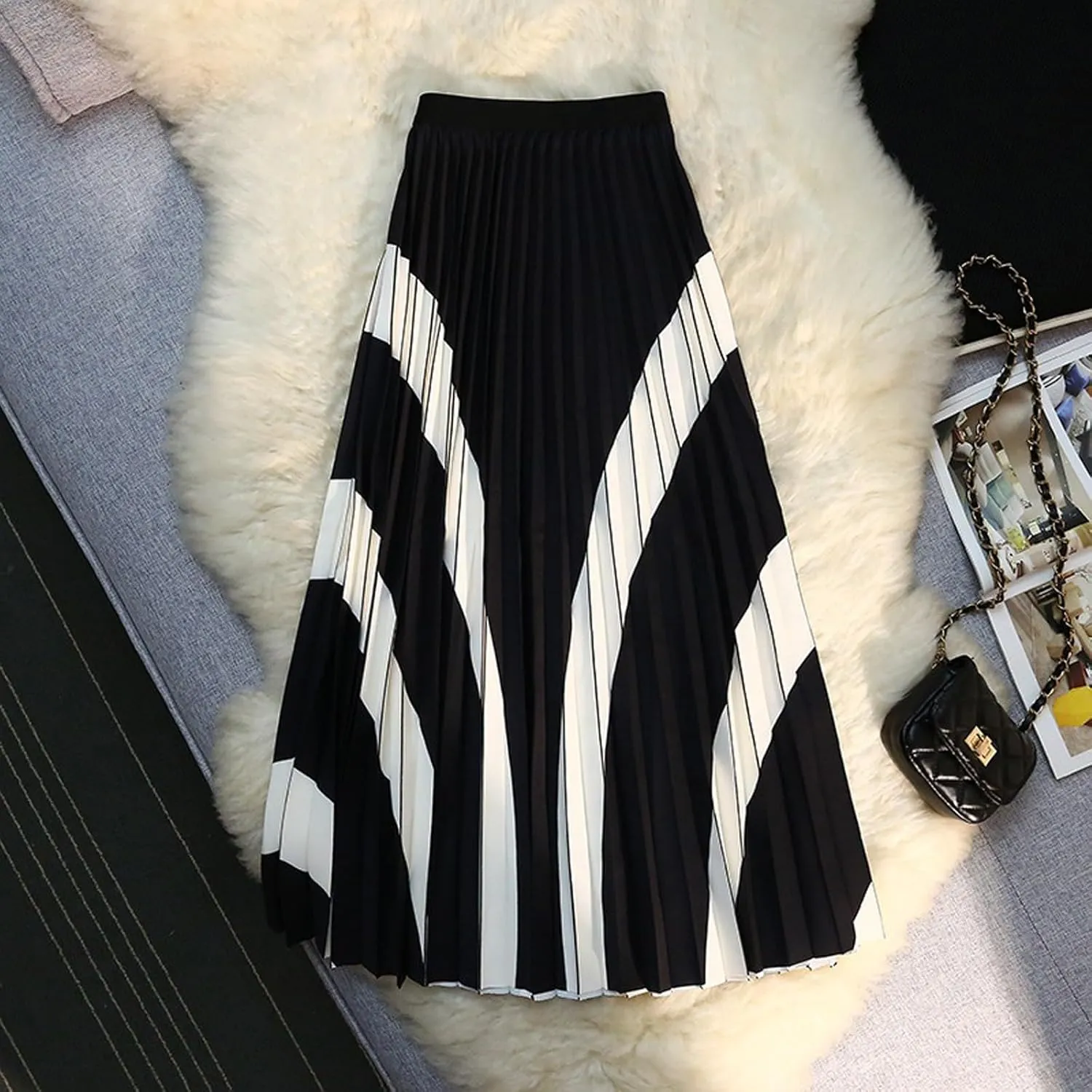 Women's Organ Pleated Long Skirt Bohemian Long Skirt Elastic Waist A-line Pleated Ruffled midi Skirt