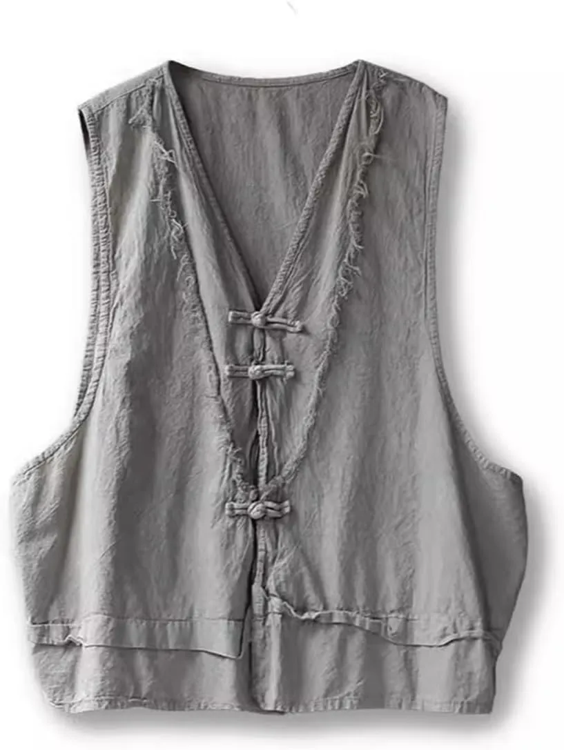 Women's Outerwear Vests Sleeveless Lightweight Vest Summer Distressed Hem V Neck Cotton Linen Blazer Jacket Tops
