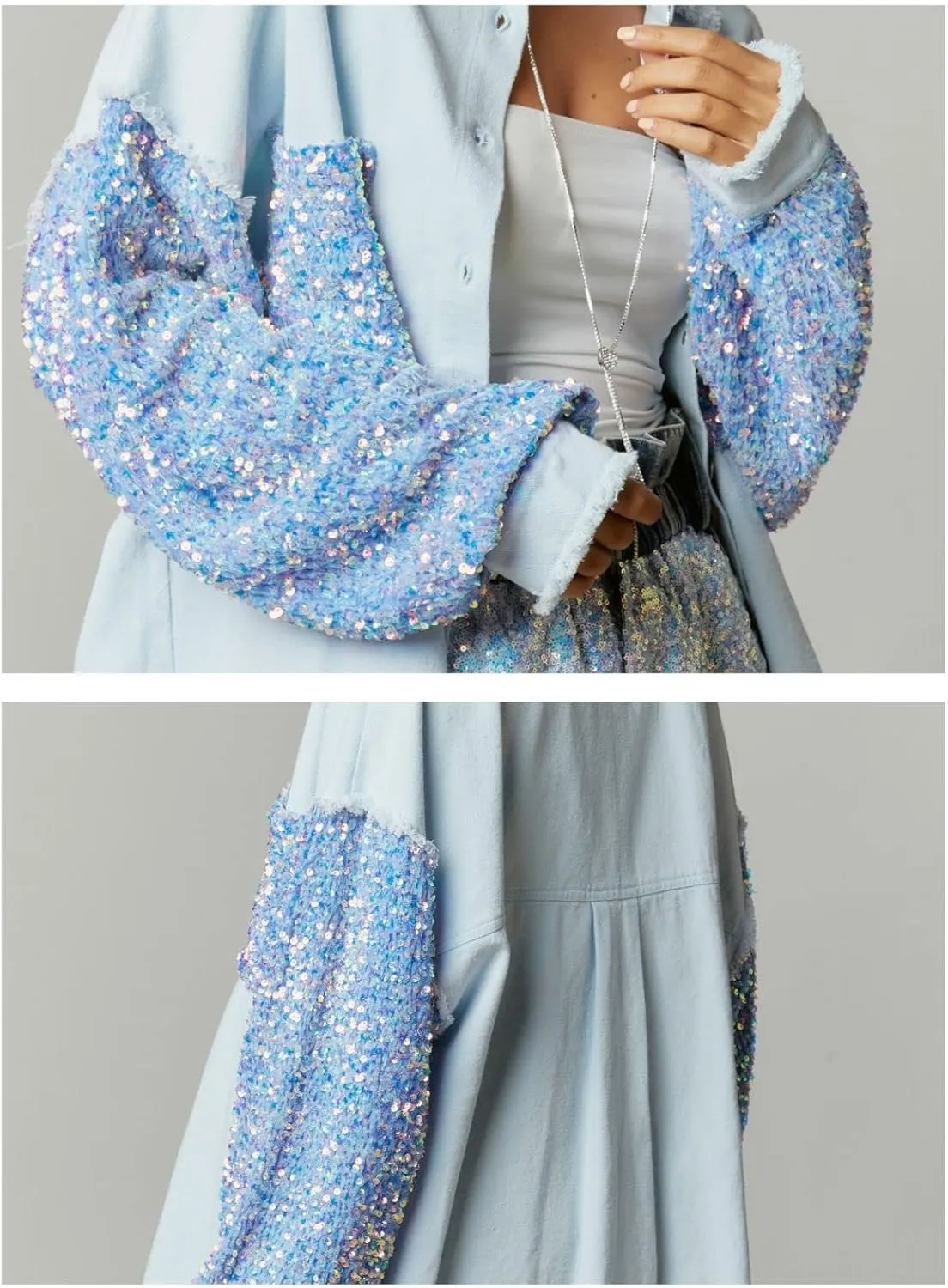 Womens Oversized Denim Jacket Sequin Sparkle Casual Long Sleeve Jean Jacket Coat