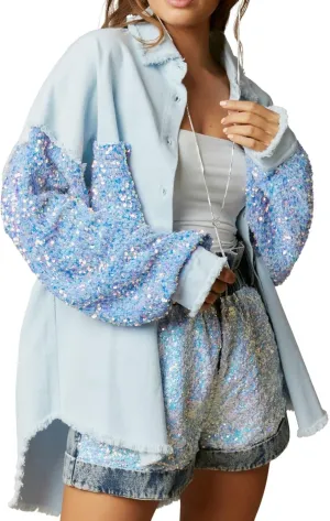 Womens Oversized Denim Jacket Sequin Sparkle Casual Long Sleeve Jean Jacket Coat