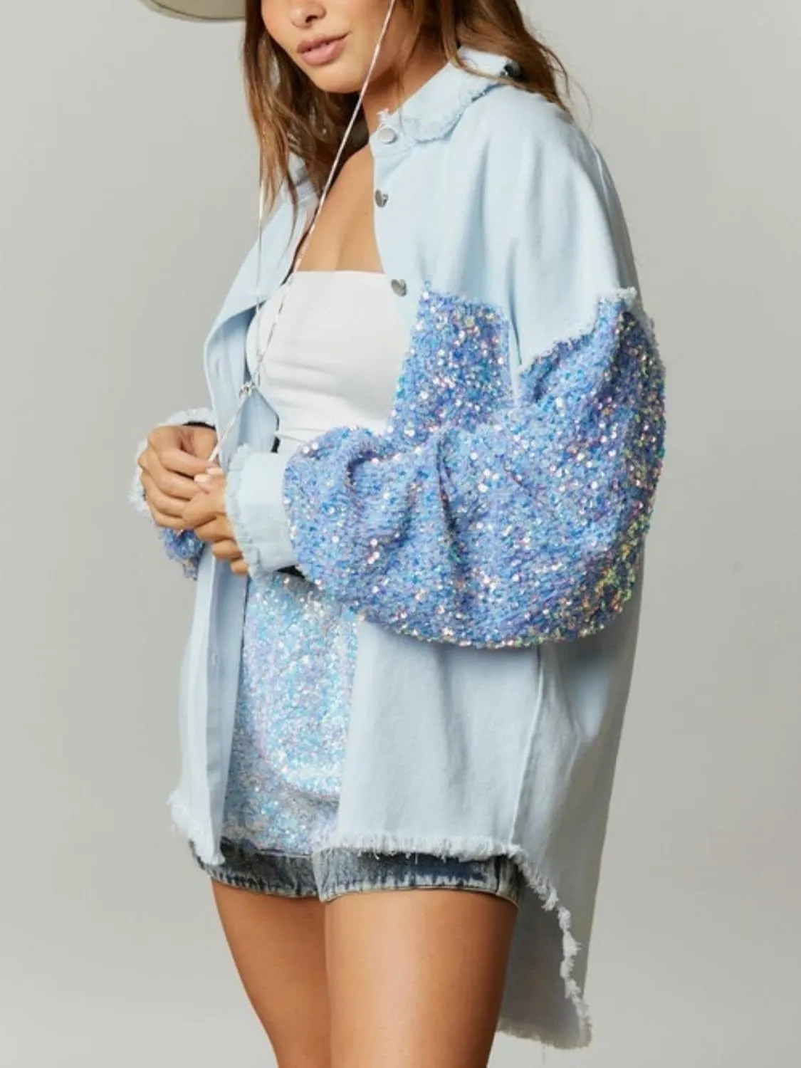 Womens Oversized Denim Jacket Sequin Sparkle Casual Long Sleeve Jean Jacket Coat