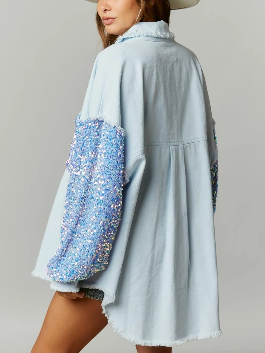 Womens Oversized Denim Jacket Sequin Sparkle Casual Long Sleeve Jean Jacket Coat