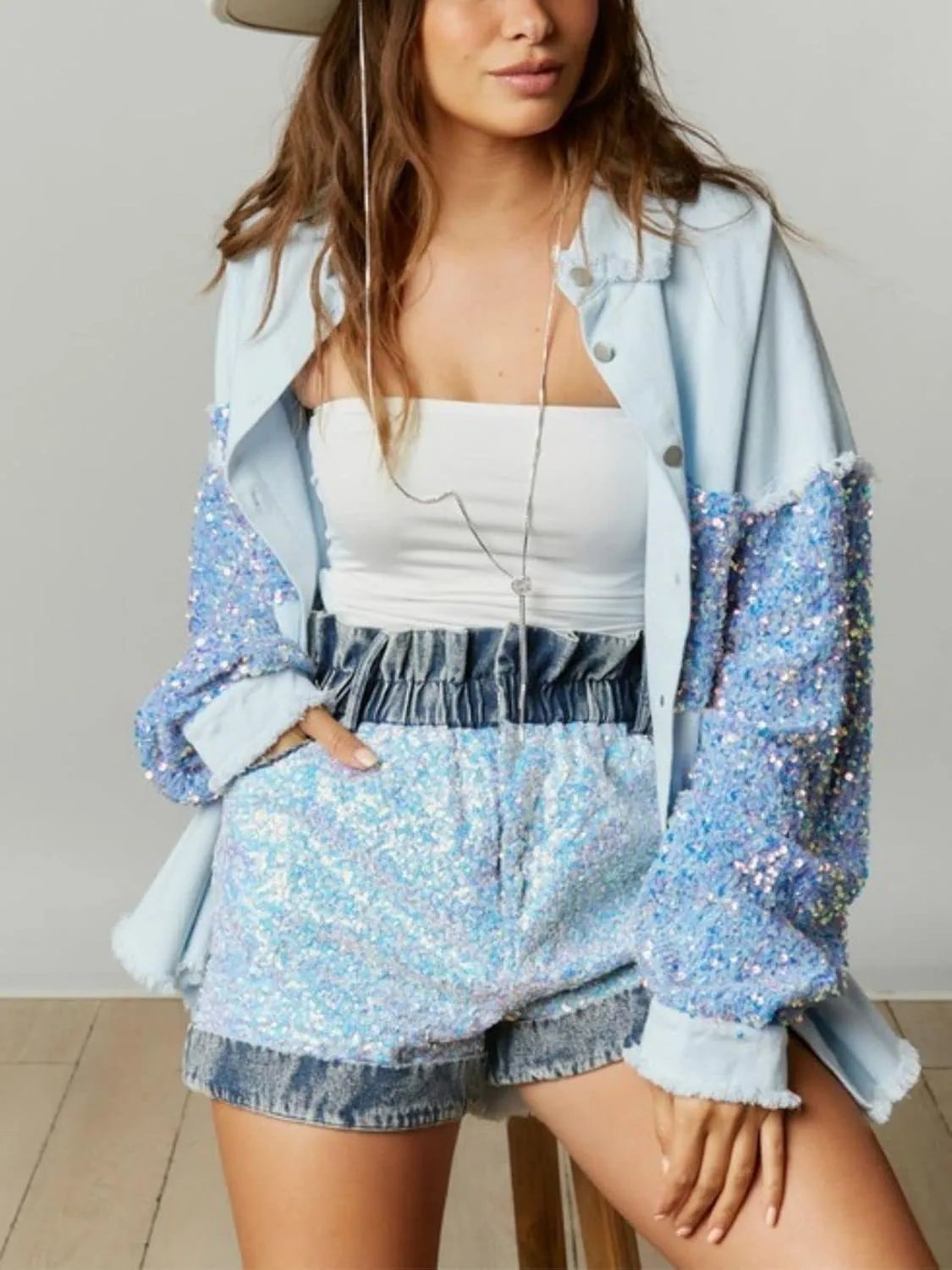Womens Oversized Denim Jacket Sequin Sparkle Casual Long Sleeve Jean Jacket Coat