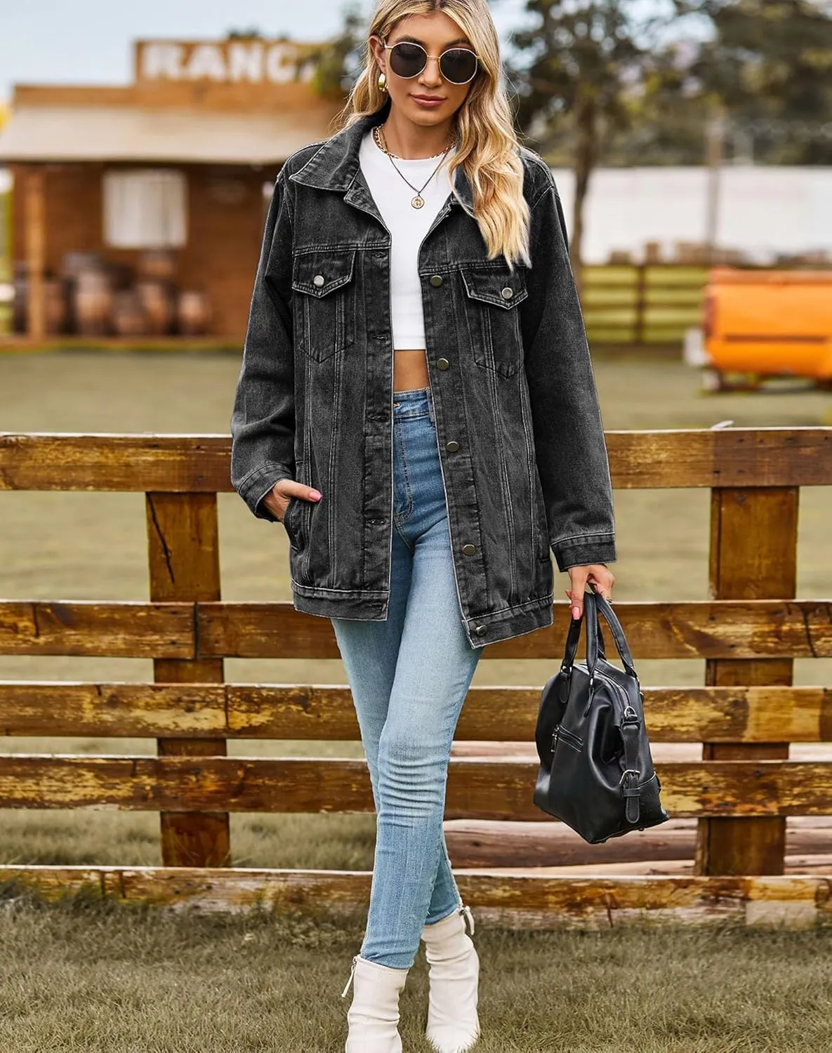 Women's Oversized Denim Jackets Long Sleeve Mid Length Jean Outwear with Inner Pocket