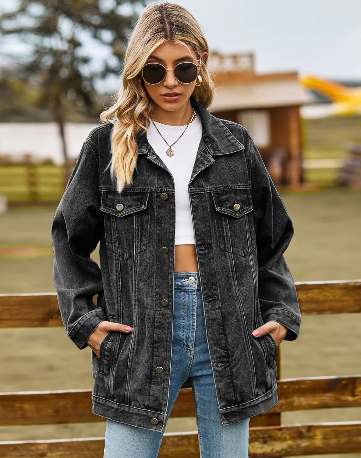 Women's Oversized Denim Jackets Long Sleeve Mid Length Jean Outwear with Inner Pocket