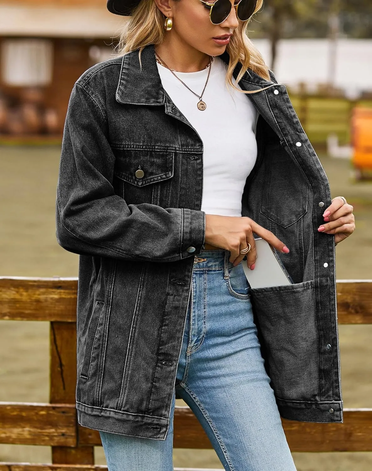 Women's Oversized Denim Jackets Long Sleeve Mid Length Jean Outwear with Inner Pocket