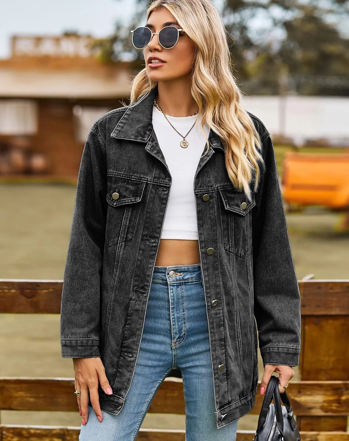 Women's Oversized Denim Jackets Long Sleeve Mid Length Jean Outwear with Inner Pocket