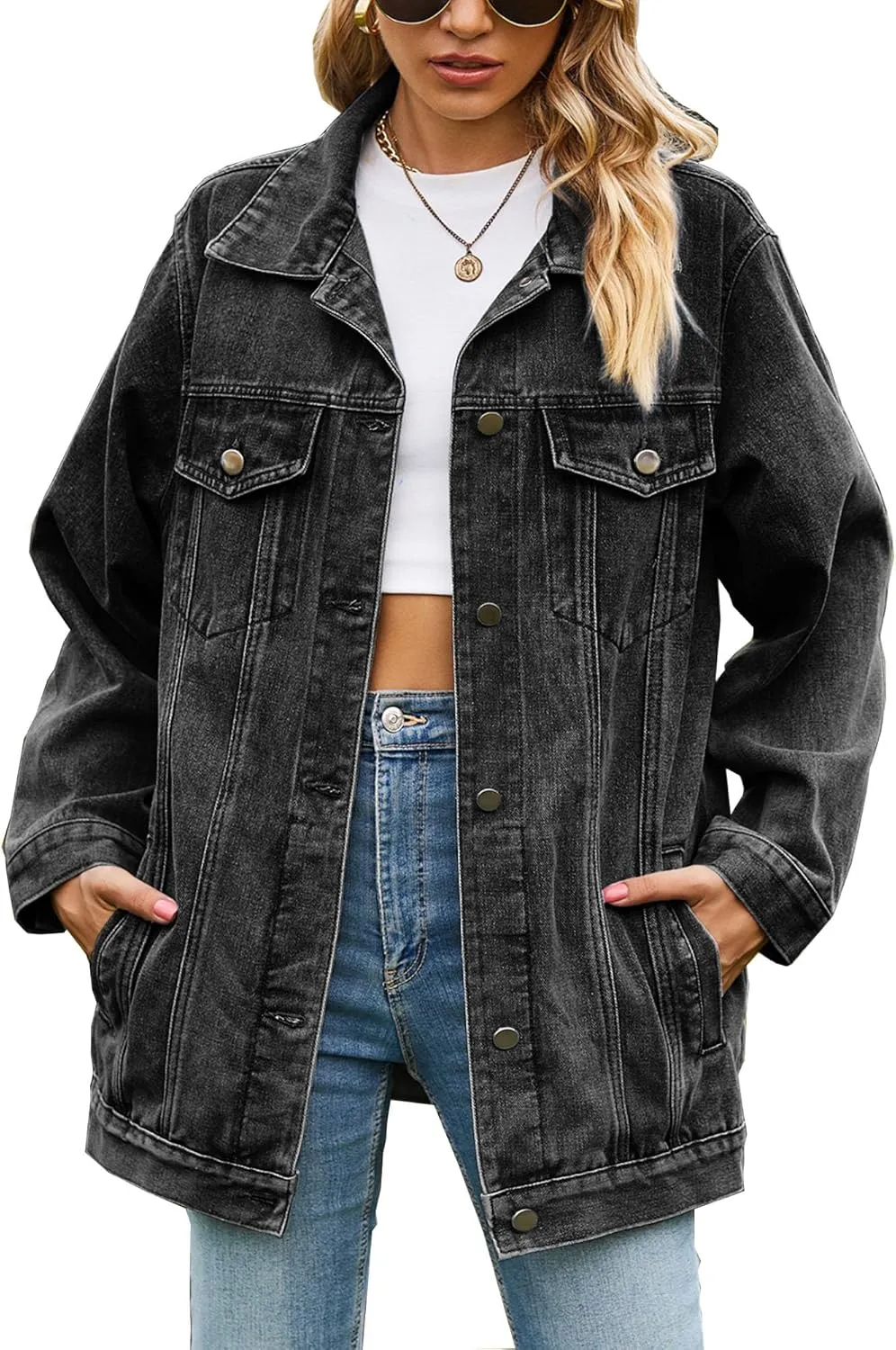 Women's Oversized Denim Jackets Long Sleeve Mid Length Jean Outwear with Inner Pocket