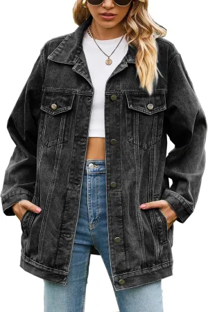 Women's Oversized Denim Jackets Long Sleeve Mid Length Jean Outwear with Inner Pocket