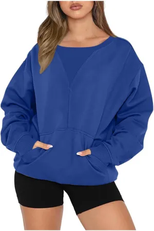 Womens Oversized Long Sleeves Casual Shirts Solid Crewneck Pokets Sweatshirt Pullover Loose Tunic Tops Y2K Clothes